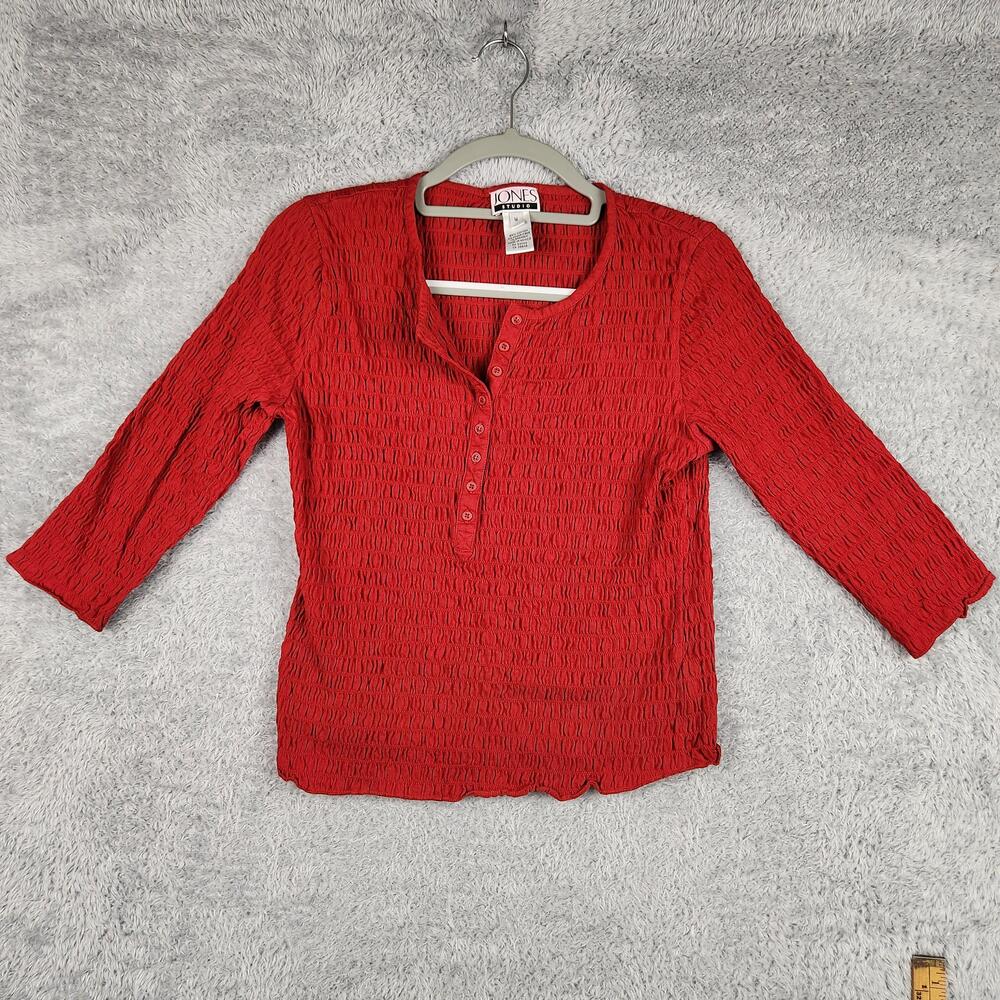 Vintage Jones Studio Blouse Womens Medium Red Crinkle Henley 90s Y2k Boho Top